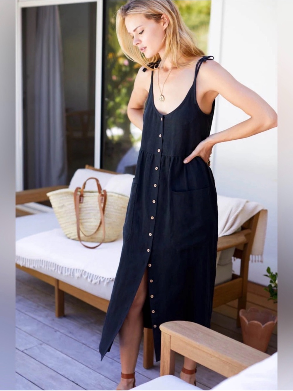 EMERSON FRY LIVIA BUTTON DRESS - BLACK LINEN - SIZE M